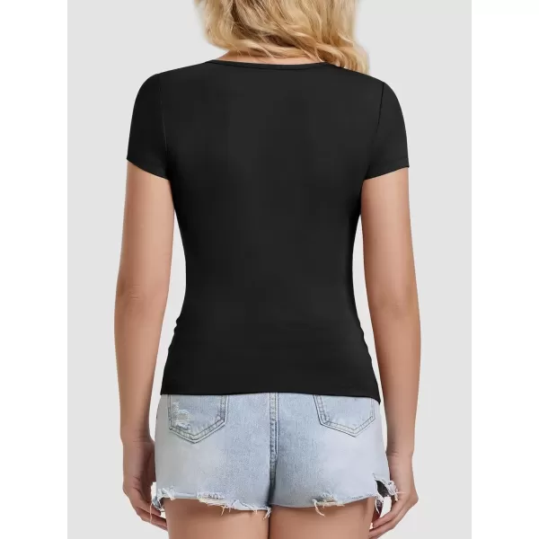 imageATHMILE Modal Short Sleeve Shirts for Women 2024 Fashion Square Neck Basics Slim Fitted TopsBlack