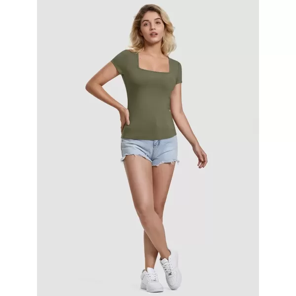 imageATHMILE Modal Short Sleeve Shirts for Women 2024 Fashion Square Neck Basics Slim Fitted TopsArmygreen