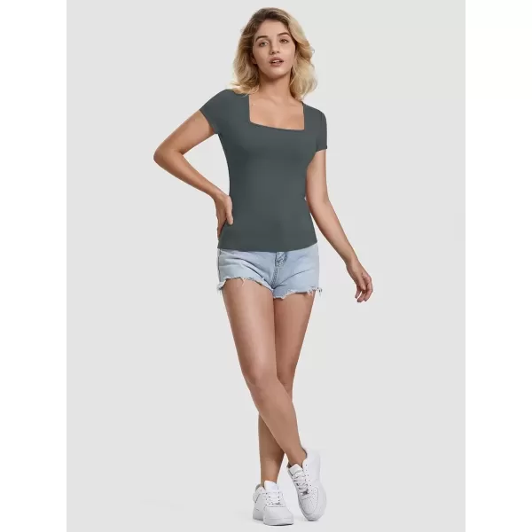 imageATHMILE Modal Short Sleeve Shirts for Women 2024 Fashion Square Neck Basics Slim Fitted TopsDarkgrey