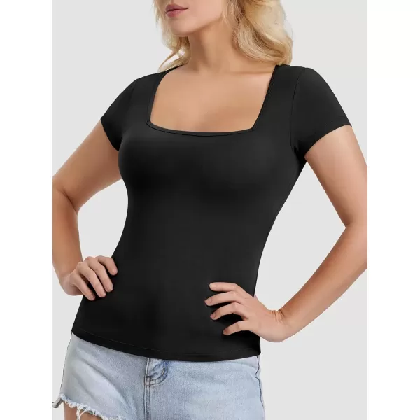 imageATHMILE Modal Short Sleeve Shirts for Women 2024 Fashion Square Neck Basics Slim Fitted TopsBlack