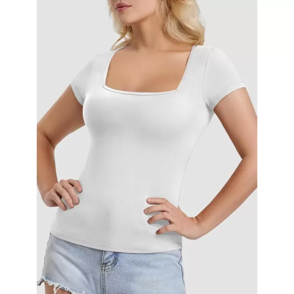 imageATHMILE Modal Short Sleeve Shirts for Women 2024 Fashion Square Neck Basics Slim Fitted TopsWhite