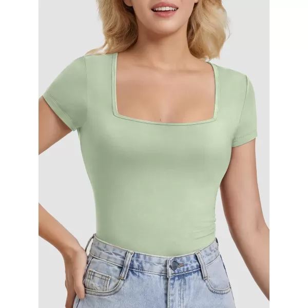 imageATHMILE Modal Short Sleeve Shirts for Women 2024 Fashion Square Neck Basics Slim Fitted TopsGrey Green