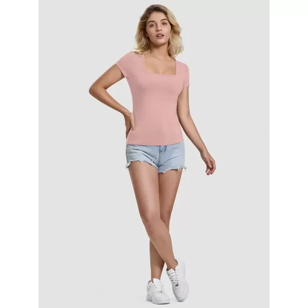 imageATHMILE Modal Short Sleeve Shirts for Women 2024 Fashion Square Neck Basics Slim Fitted TopsDarkpink