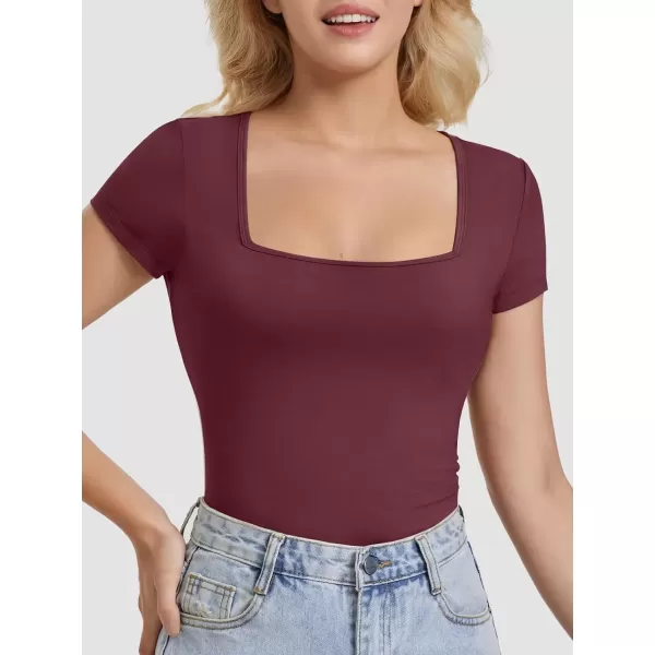 imageATHMILE Modal Short Sleeve Shirts for Women 2024 Fashion Square Neck Basics Slim Fitted TopsWinered