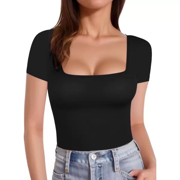 imageATHMILE Modal Short Sleeve Shirts for Women 2024 Fashion Square Neck Basics Slim Fitted TopsBlack