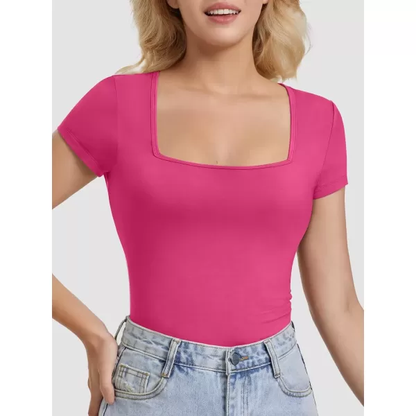 imageATHMILE Modal Short Sleeve Shirts for Women 2024 Fashion Square Neck Basics Slim Fitted TopsRosepink