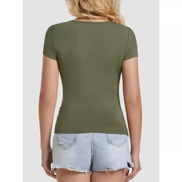 imageATHMILE Modal Short Sleeve Shirts for Women 2024 Fashion Square Neck Basics Slim Fitted TopsArmygreen