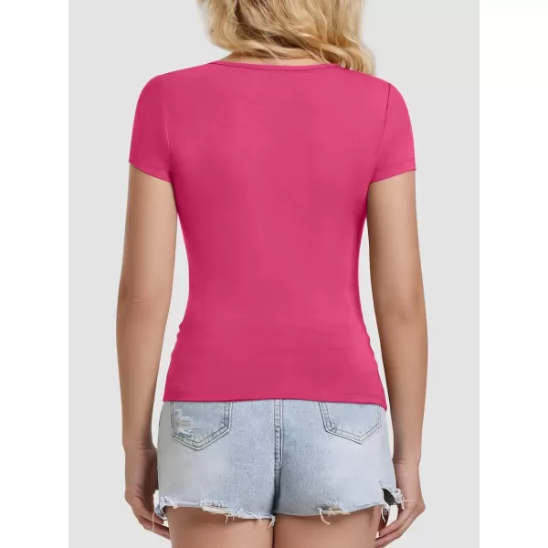 imageATHMILE Modal Short Sleeve Shirts for Women 2024 Fashion Square Neck Basics Slim Fitted TopsRosepink