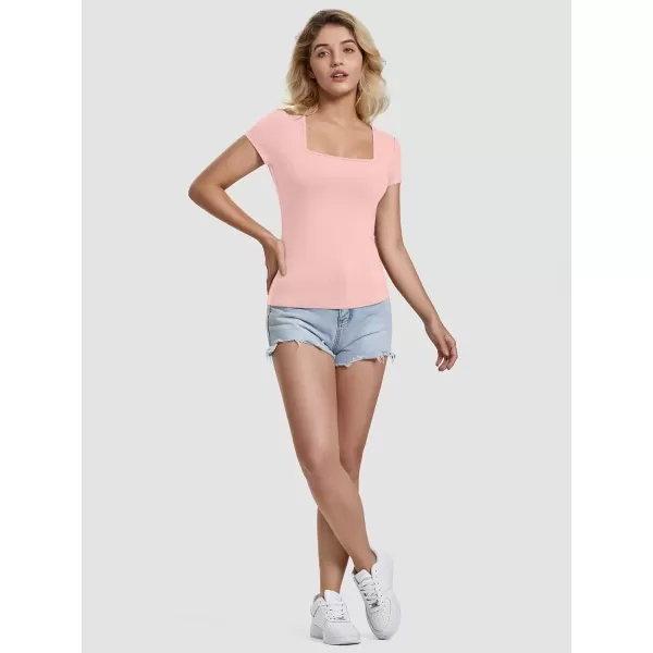 imageATHMILE Modal Short Sleeve Shirts for Women 2024 Fashion Square Neck Basics Slim Fitted TopsPeach