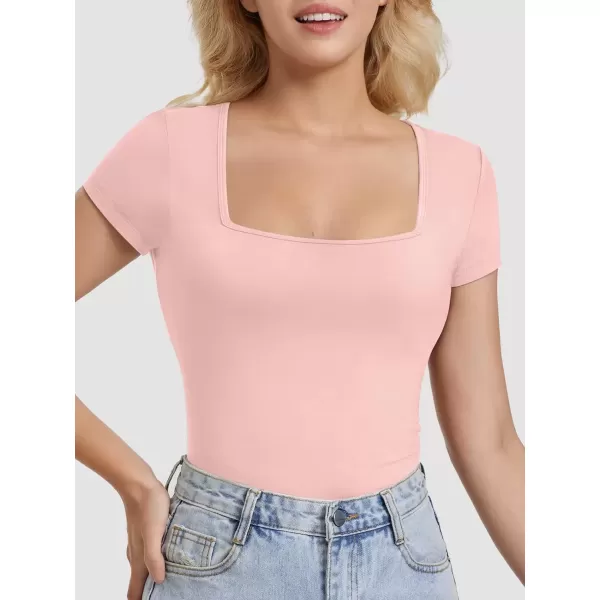 imageATHMILE Modal Short Sleeve Shirts for Women 2024 Fashion Square Neck Basics Slim Fitted TopsPeach