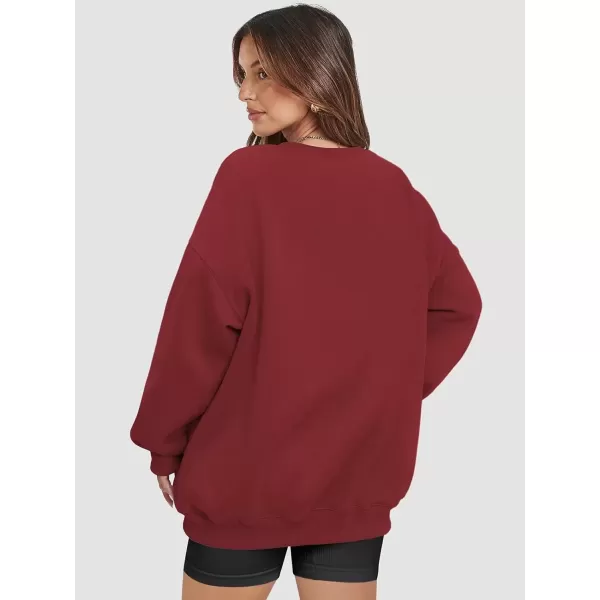 imageATHMILE Oversized Sweatshirt for Women Crewneck Fleece Long Sleeve Pullover Hoodies Tops Fall Fashion Outfits Clothes 2024Wine Red