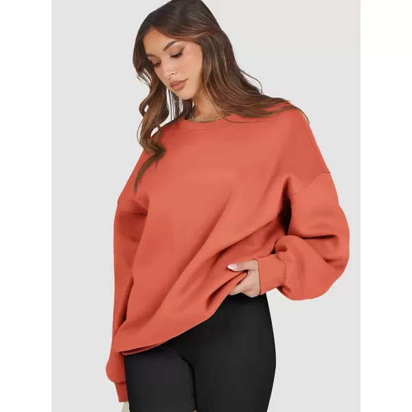imageATHMILE Oversized Sweatshirt for Women Crewneck Fleece Long Sleeve Pullover Hoodies Tops Fall Fashion Outfits Clothes 2024Orange Red