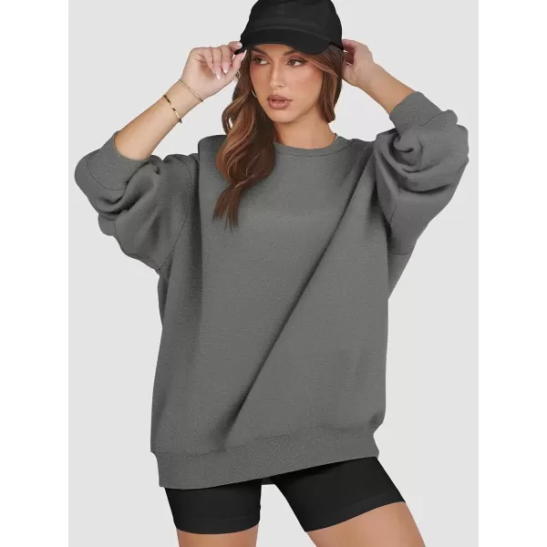 imageATHMILE Oversized Sweatshirt for Women Crewneck Fleece Long Sleeve Pullover Hoodies Tops Fall Fashion Outfits Clothes 2024Dark Grey