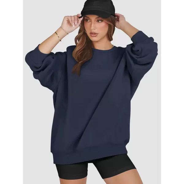 imageATHMILE Oversized Sweatshirt for Women Crewneck Fleece Long Sleeve Pullover Hoodies Tops Fall Fashion Outfits Clothes 2024Navy Blue