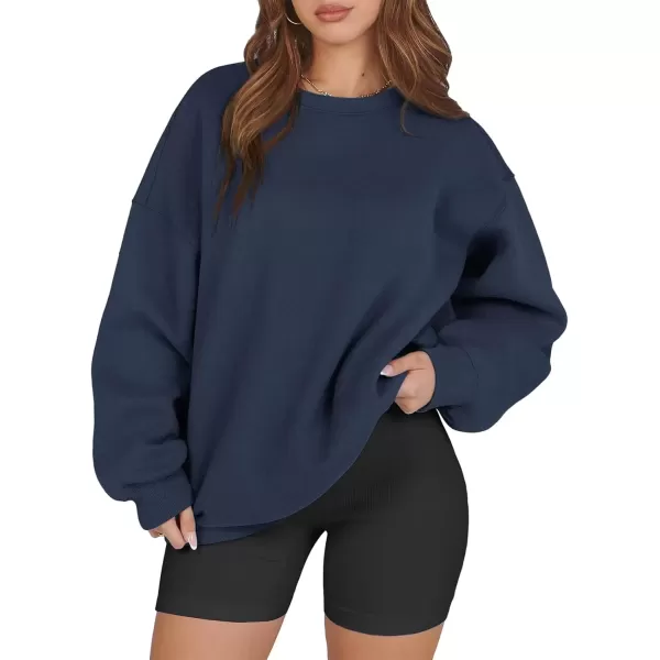 imageATHMILE Oversized Sweatshirt for Women Crewneck Fleece Long Sleeve Pullover Hoodies Tops Fall Fashion Outfits Clothes 2024Navy Blue