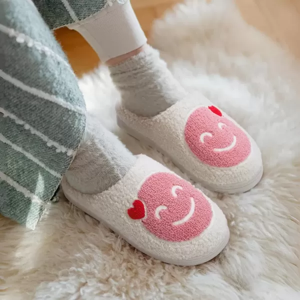 imageATHMILE Smiley Face Slippers for Women Men Indoor Cute House Shoes Fuzzy Fluffy Cozy Slippers Happy Face Preppy Comfy for Bedroom OutdoorPink