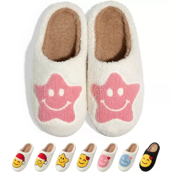 imageATHMILE Smiley Face Slippers for Women Men Indoor Cute House Shoes Fuzzy Fluffy Cozy Slippers Happy Face Preppy Comfy for Bedroom OutdoorPink Star