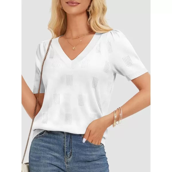 imageATHMILE Summer Tops for Women 2024 Short Sleeve V Neck Sweaters Dressy Casual Blouses Lightweight Thin Knit Fashion ShirtsWhite