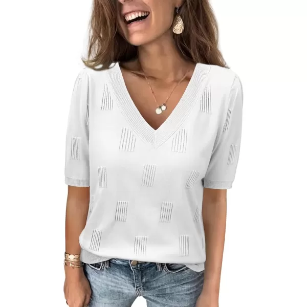 imageATHMILE Summer Tops for Women 2024 Short Sleeve V Neck Sweaters Dressy Casual Blouses Lightweight Thin Knit Fashion ShirtsWhite