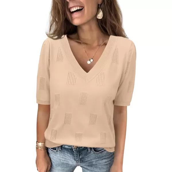 imageATHMILE Summer Tops for Women 2024 Short Sleeve V Neck Sweaters Dressy Casual Blouses Lightweight Thin Knit Fashion ShirtsApricot
