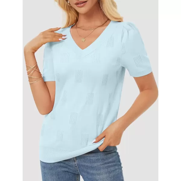 imageATHMILE Summer Tops for Women 2024 Short Sleeve V Neck Sweaters Dressy Casual Blouses Lightweight Thin Knit Fashion ShirtsLight Blue