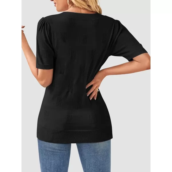 imageATHMILE Summer Tops for Women 2024 Short Sleeve V Neck Sweaters Dressy Casual Blouses Lightweight Thin Knit Fashion ShirtsBlack