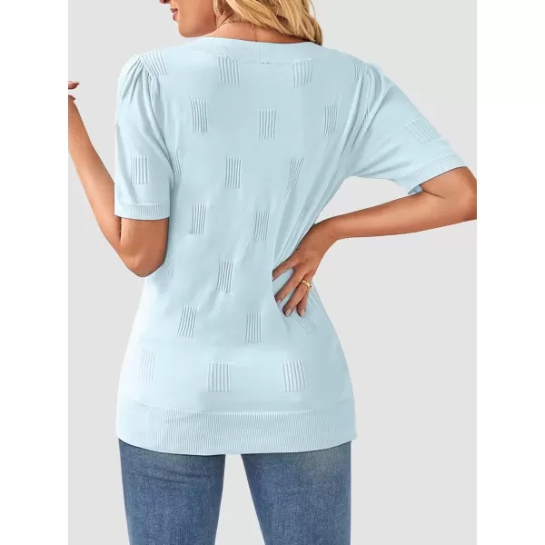 imageATHMILE Summer Tops for Women 2024 Short Sleeve V Neck Sweaters Dressy Casual Blouses Lightweight Thin Knit Fashion ShirtsLight Blue