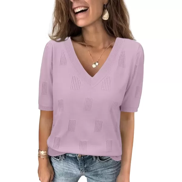 imageATHMILE Summer Tops for Women 2024 Short Sleeve V Neck Sweaters Dressy Casual Blouses Lightweight Thin Knit Fashion ShirtsLight Purple