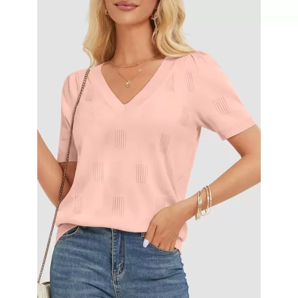 imageATHMILE Summer Tops for Women 2024 Short Sleeve V Neck Sweaters Dressy Casual Blouses Lightweight Thin Knit Fashion ShirtsPink