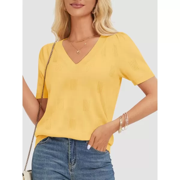 imageATHMILE Summer Tops for Women 2024 Short Sleeve V Neck Sweaters Dressy Casual Blouses Lightweight Thin Knit Fashion ShirtsYellow