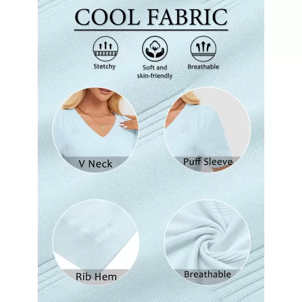 imageATHMILE Summer Tops for Women 2024 Short Sleeve V Neck Sweaters Dressy Casual Blouses Lightweight Thin Knit Fashion ShirtsLight Blue
