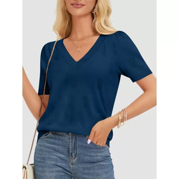 imageATHMILE Summer Tops for Women 2024 Short Sleeve V Neck Sweaters Dressy Casual Blouses Lightweight Thin Knit Fashion ShirtsDark Blue