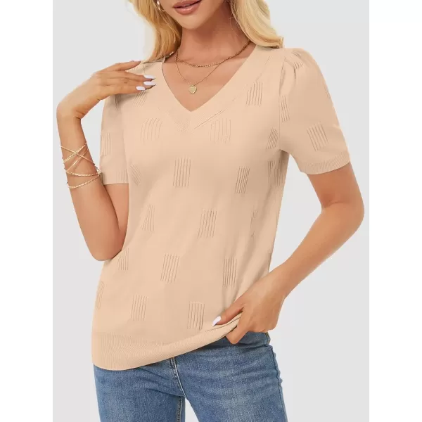 imageATHMILE Summer Tops for Women 2024 Short Sleeve V Neck Sweaters Dressy Casual Blouses Lightweight Thin Knit Fashion ShirtsApricot