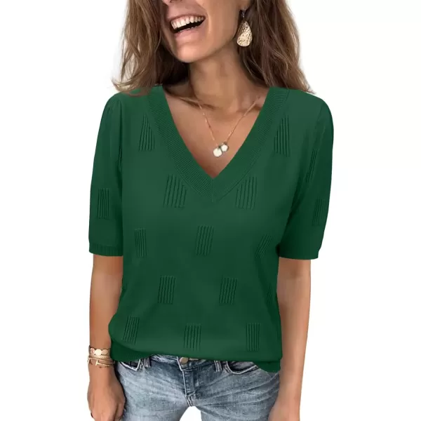 imageATHMILE Summer Tops for Women 2024 Short Sleeve V Neck Sweaters Dressy Casual Blouses Lightweight Thin Knit Fashion ShirtsGreen