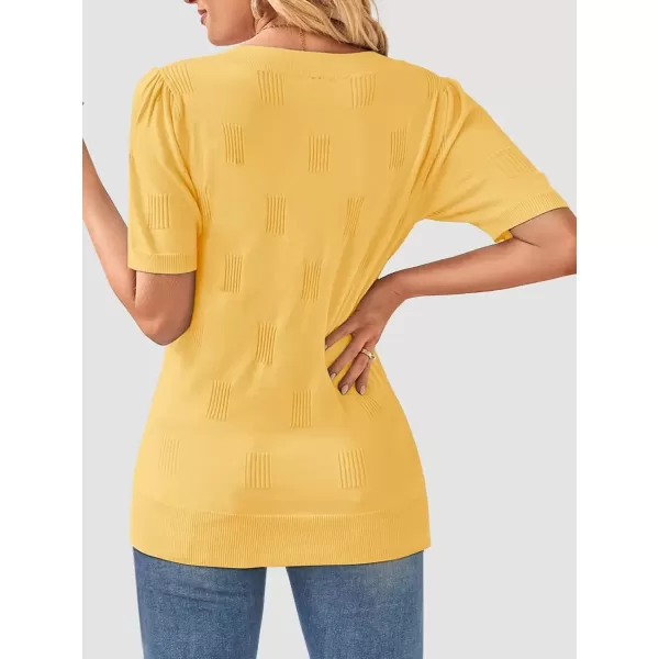 imageATHMILE Summer Tops for Women 2024 Short Sleeve V Neck Sweaters Dressy Casual Blouses Lightweight Thin Knit Fashion ShirtsYellow