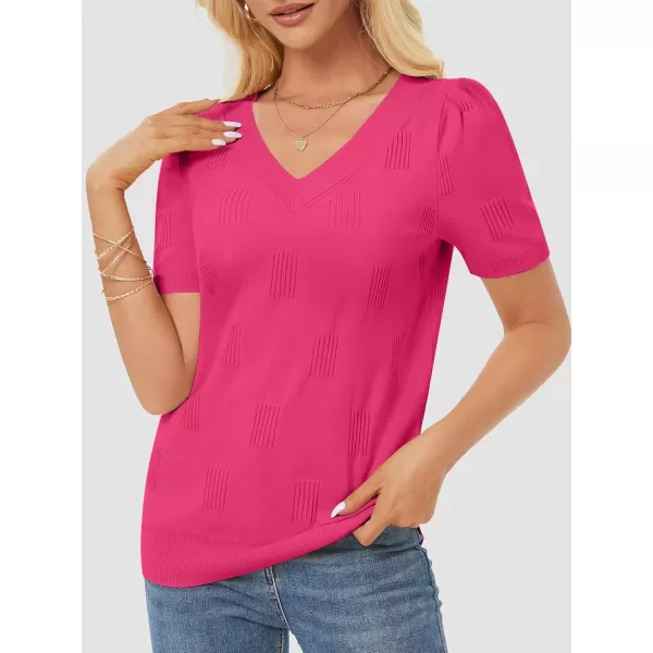 imageATHMILE Summer Tops for Women 2024 Short Sleeve V Neck Sweaters Dressy Casual Blouses Lightweight Thin Knit Fashion ShirtsHot Pink