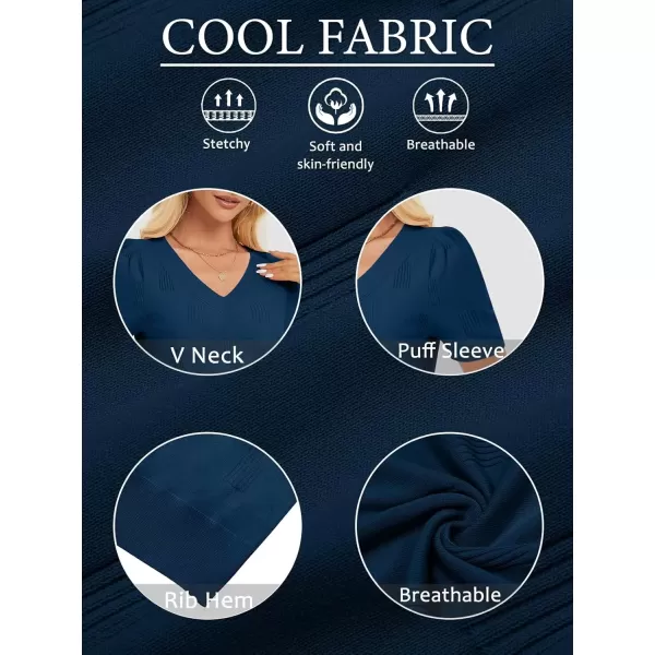 imageATHMILE Summer Tops for Women 2024 Short Sleeve V Neck Sweaters Dressy Casual Blouses Lightweight Thin Knit Fashion ShirtsDark Blue