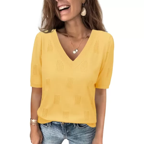 imageATHMILE Summer Tops for Women 2024 Short Sleeve V Neck Sweaters Dressy Casual Blouses Lightweight Thin Knit Fashion ShirtsYellow