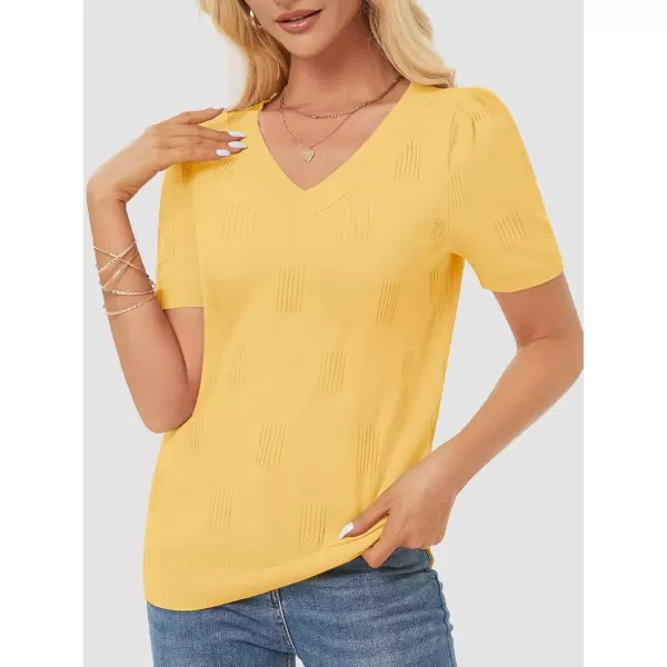 imageATHMILE Summer Tops for Women 2024 Short Sleeve V Neck Sweaters Dressy Casual Blouses Lightweight Thin Knit Fashion ShirtsYellow