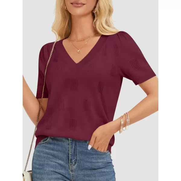 imageATHMILE Summer Tops for Women 2024 Short Sleeve V Neck Sweaters Dressy Casual Blouses Lightweight Thin Knit Fashion ShirtsWine