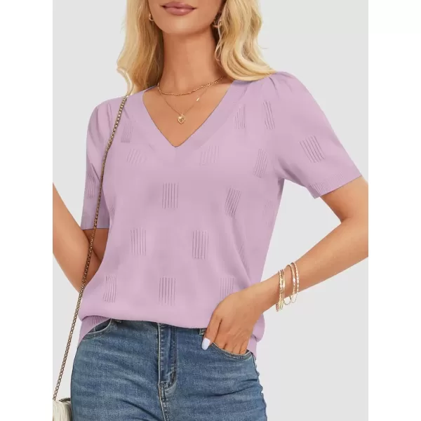 imageATHMILE Summer Tops for Women 2024 Short Sleeve V Neck Sweaters Dressy Casual Blouses Lightweight Thin Knit Fashion ShirtsLight Purple