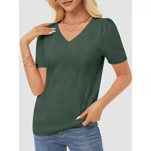 imageATHMILE Summer Tops for Women 2024 Short Sleeve V Neck Sweaters Dressy Casual Blouses Lightweight Thin Knit Fashion ShirtsGrey Green