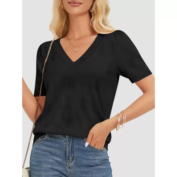 imageATHMILE Summer Tops for Women 2024 Short Sleeve V Neck Sweaters Dressy Casual Blouses Lightweight Thin Knit Fashion ShirtsBlack