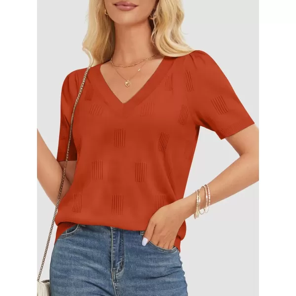 imageATHMILE Summer Tops for Women 2024 Short Sleeve V Neck Sweaters Dressy Casual Blouses Lightweight Thin Knit Fashion ShirtsRust