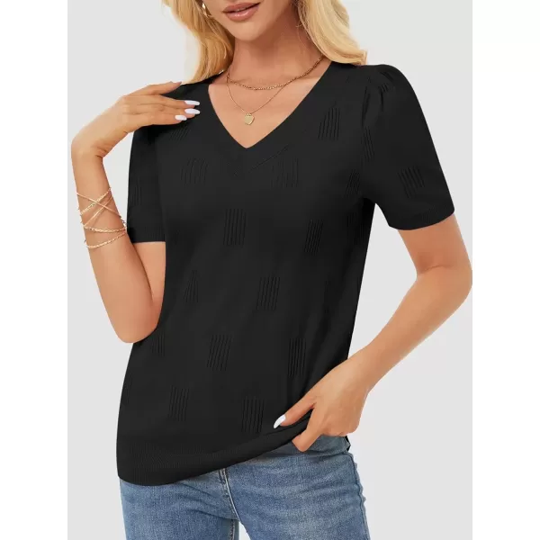 imageATHMILE Summer Tops for Women 2024 Short Sleeve V Neck Sweaters Dressy Casual Blouses Lightweight Thin Knit Fashion ShirtsBlack