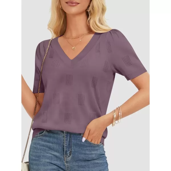 imageATHMILE Summer Tops for Women 2024 Short Sleeve V Neck Sweaters Dressy Casual Blouses Lightweight Thin Knit Fashion ShirtsGrey Purple