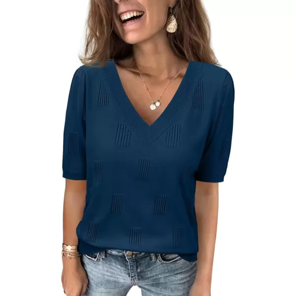 imageATHMILE Summer Tops for Women 2024 Short Sleeve V Neck Sweaters Dressy Casual Blouses Lightweight Thin Knit Fashion ShirtsDark Blue