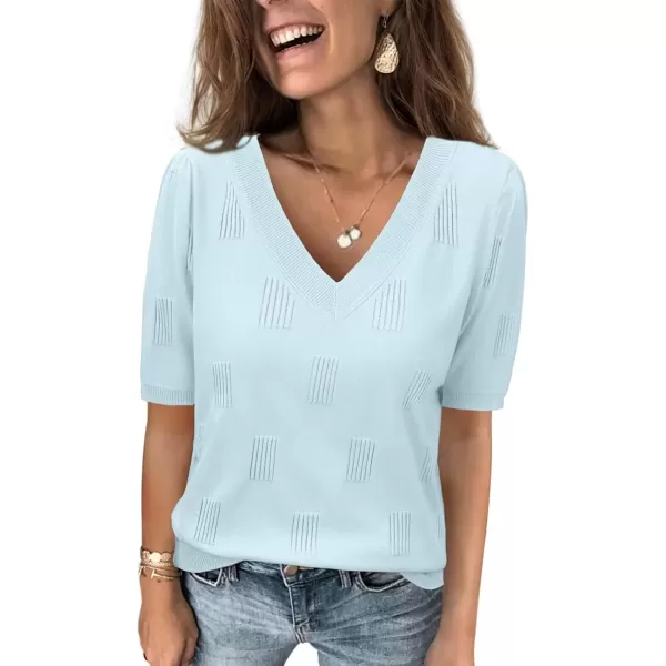imageATHMILE Summer Tops for Women 2024 Short Sleeve V Neck Sweaters Dressy Casual Blouses Lightweight Thin Knit Fashion ShirtsLight Blue