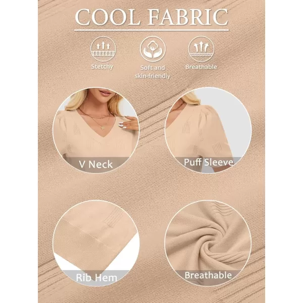 imageATHMILE Summer Tops for Women 2024 Short Sleeve V Neck Sweaters Dressy Casual Blouses Lightweight Thin Knit Fashion ShirtsApricot