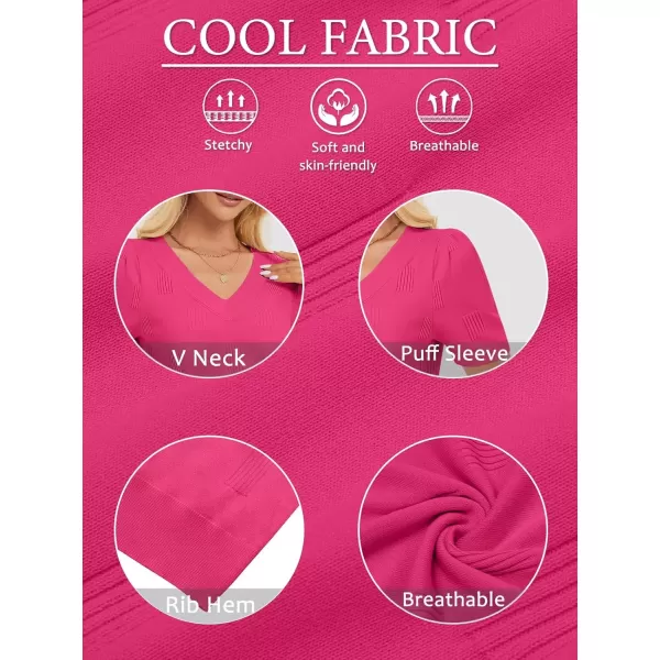 imageATHMILE Summer Tops for Women 2024 Short Sleeve V Neck Sweaters Dressy Casual Blouses Lightweight Thin Knit Fashion ShirtsHot Pink
